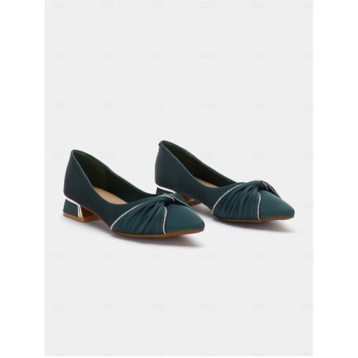 Women's Green Low Heel Flats - Elegant Rhinestone Embellished Slip-On Shoes for Formal and Casual Wear 2025