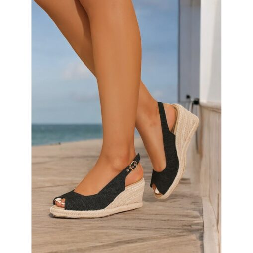 Women's Black Peep-Toe Wedge Espadrilles with Slingback Strap, Comfortable Summer Sandals for Beach Vacations, Casual Outings, and Daily Wear 2025