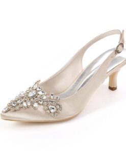 Women's Champagne Satin Slingback Heels with Rhinestone Embellishments - Elegant Bridal Shoes for Weddings and Formal Events 2025