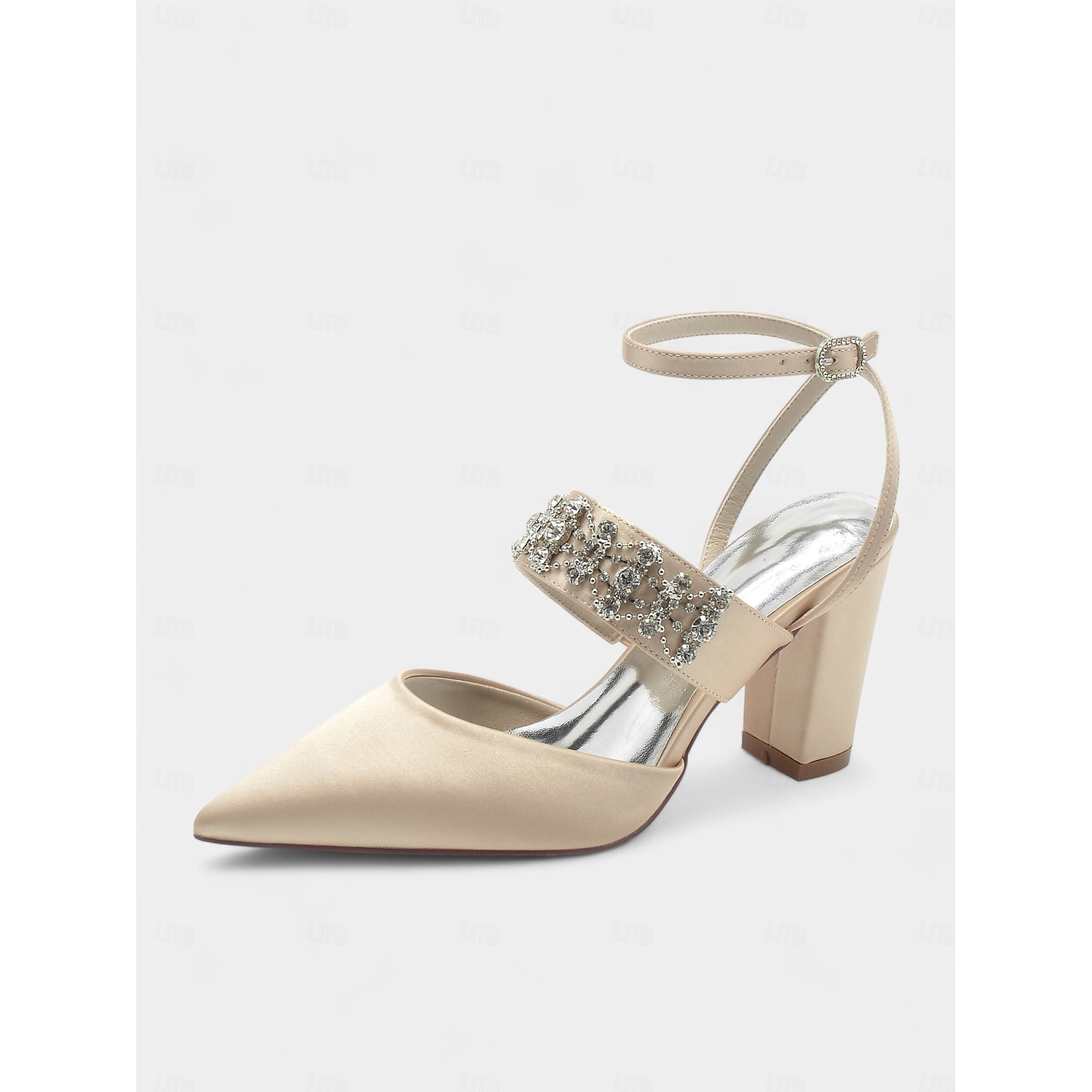 Women's Black Satin Pointed Toe Heels – Rhinestone Embellished Ankle Strap Chunky Heels for Evening Parties and Weddings 2025 - Image 7