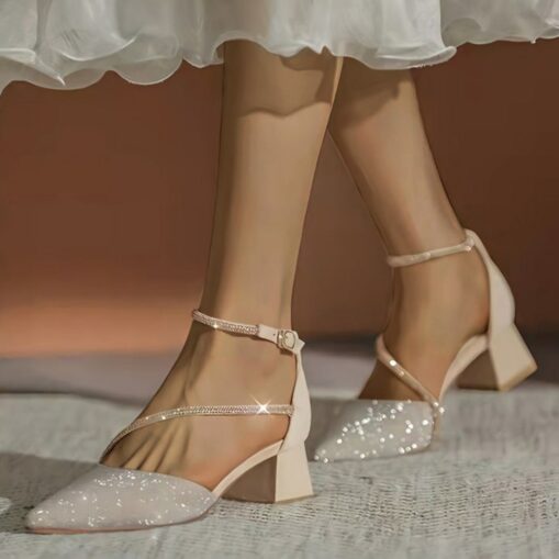 Women's Glitter Mesh Pointed Toe Block Heels with Ankle Strap – Elegant Bridal or Party Shoes 2025