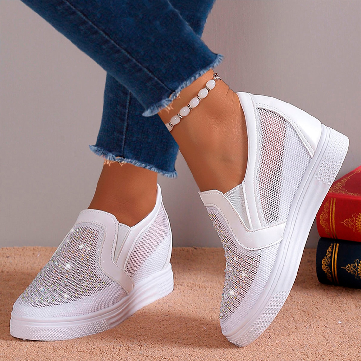 Women's White Slip-On Sneakers with Rhinestone Mesh Design - Comfortable and Stylish for Casual Wear 2025