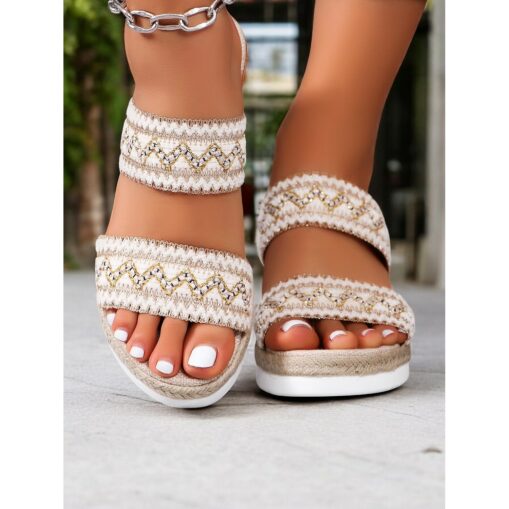 Women's Colorful Boho Embroidered Flat Sandals with Beaded Straps, Open-Toe Summer Shoes for Beach, Vacations, and Casual Outings 2025 - Image 2
