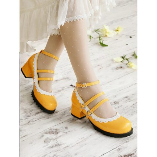Women's Black and White Scalloped Mary Jane Block Heels – Patent Faux Leather Lolita Platform Shoes with Heart Buckles for Vintage or Cosplay Outfits - Image 3