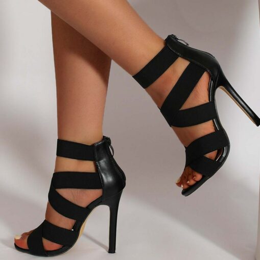 Women's Black Strappy Stiletto Heels – Open Toe, Back Zipper, Elegant Design for Parties, Weddings, and Formal Events 2025