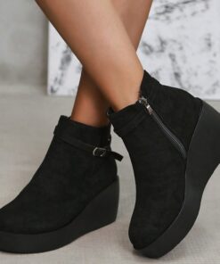 Women's Platform Wedge Ankle Boots – Fashionable Zipper Closure Faux Suede Boots for Casual Fall and Winter Outfits 2025
