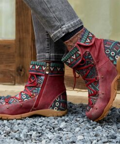 Women's Ethnic Style Lace-Up Ankle Boots with Multicolor Tribal Pattern and Suede Accents, Comfortable Casual Footwear for Outdoor Adventures 2025