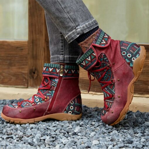 Women's Ethnic Style Lace-Up Ankle Boots with Multicolor Tribal Pattern and Suede Accents, Comfortable Casual Footwear for Outdoor Adventures 2025