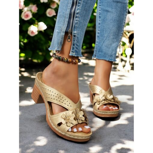 Open-Toe Chunky Heels with Floral Accent, Perforated Design and Comfortable Fit for Summer Parties and Casual Outings 2025 - Image 2