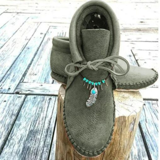 Women's Faux Leather Moccasin Ankle Boots with Feather and Bead Detail, Comfortable Slip-On Casual Shoes for Outdoor and Everyday Wear 2025 - Image 3