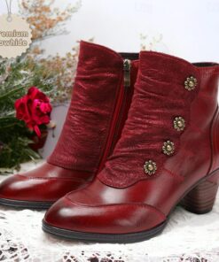 Women's Vintage Red Leather Ankle Boots – Premium Cowhide with Floral Button Accents and Chunky Heel for Retro Style and Everyday Wear 2025