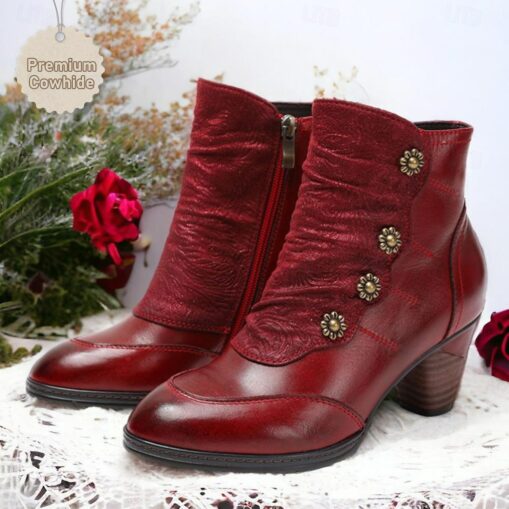 Women's Vintage Red Leather Ankle Boots – Premium Cowhide with Floral Button Accents and Chunky Heel for Retro Style and Everyday Wear 2025
