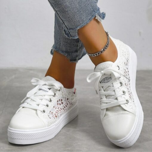 Women's White Lace Sneakers with Comfortable Sole and Lace-Up Design - Casual, Breathable Shoes for Everyday Wear 2025