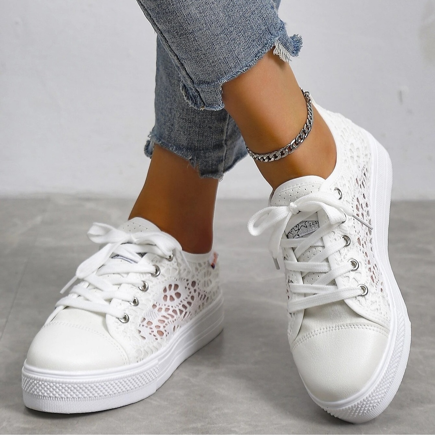 Women's White Lace Sneakers with Comfortable Sole and Lace-Up Design - Casual, Breathable Shoes for Everyday Wear 2025