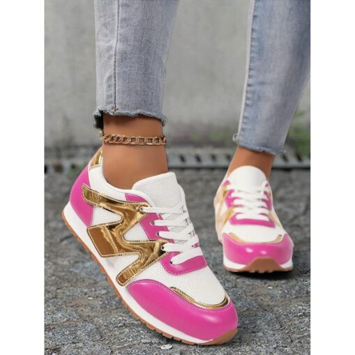 Women's Rose Pink Colorblock Athletic Sneakers with Mesh Design Accents - Stylish Casual Shoes for Running and Everyday Wear 2025