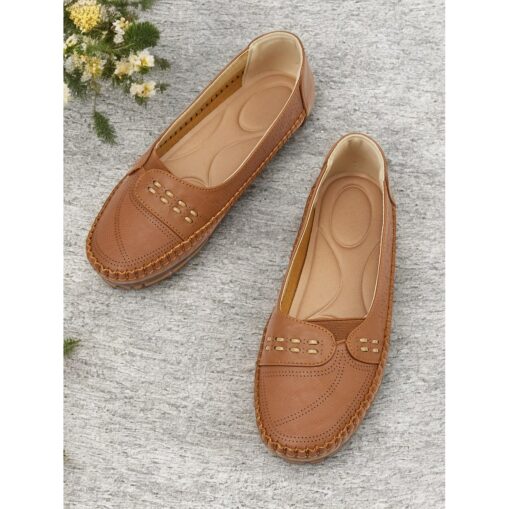 Women's Comfortable Brown Faux Leather Slip-On Loafers with Stitching Detail for Everyday Wear 2025 - Image 4