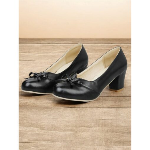 Women's Heels Retro Work Daily Bowknot Chunky Heel Round Toe Elegant Vintage Cute PU Loafer Almond Black White 2025 - Image 3
