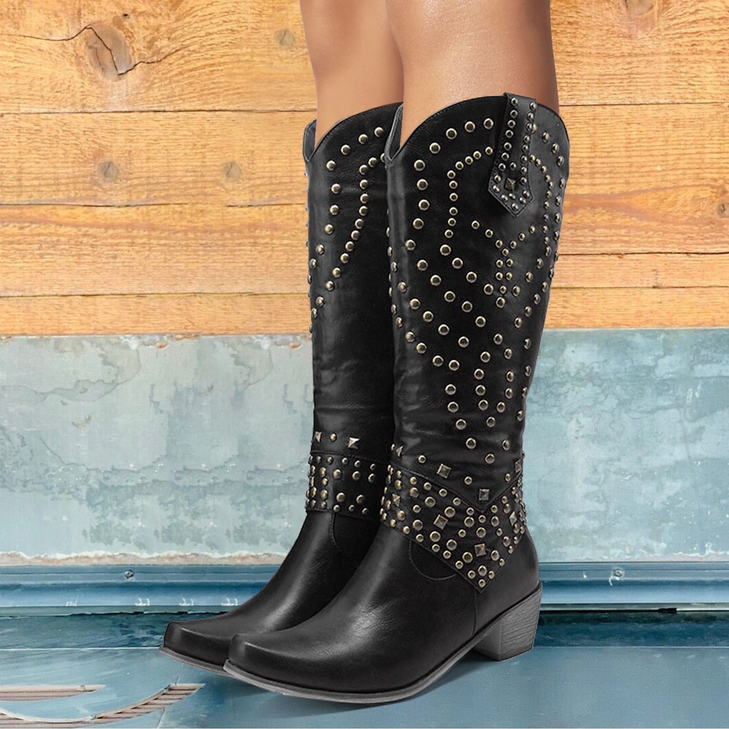 Women's Black Studded Faux Leather Knee-High Boots with Block Heels - Western Style Fashion Footwear for Fall and Winter 2025