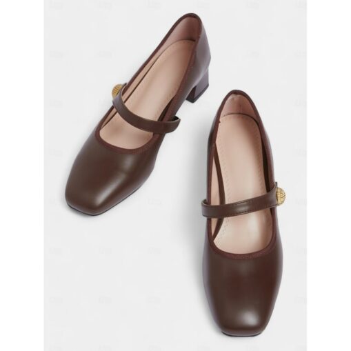 Women's Vintage Brown Mary Jane Shoes – Classic Round Toe with Gold Button Accent and Mid-Height Block Heel, Perfect for Office Wear and Retro-Inspire - Image 2