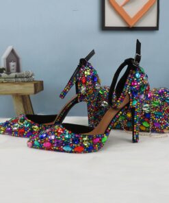 Women's Multicolor Rhinestone Wedding High Heel Shoes with Matching Clutch Bag 2025