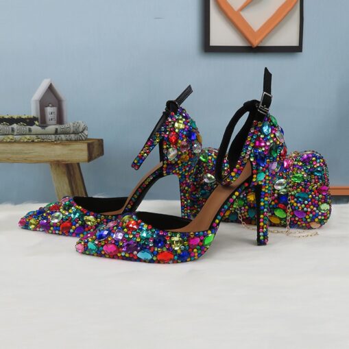 Women's Multicolor Rhinestone Wedding High Heel Shoes with Matching Clutch Bag 2025