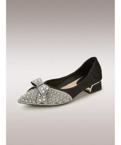 Women's Black Embellished Flats with Pearls and Rhinestones, Bow Detail, and Gold-Tipped Low Heel - Elegant Dress Shoes for Formal Occasions 2025