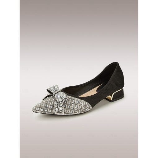 Women's Black Embellished Flats with Pearls and Rhinestones, Bow Detail, and Gold-Tipped Low Heel - Elegant Dress Shoes for Formal Occasions 2025