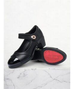 Women's Black Mary Jane Pumps with Block Heels, Patent Leather Toe, and Rhinestone Buckle for Office and Formal Wear 2025