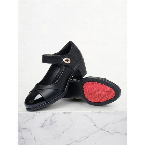 Women's Black Mary Jane Pumps with Block Heels, Patent Leather Toe, and Rhinestone Buckle for Office and Formal Wear 2025
