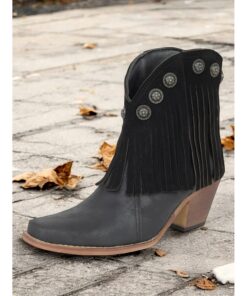 Women's Black Fringe Western Ankle Boots with Studded Accents – Vintage Style Cowgirl Booties for Casual and Festival Wear 2025