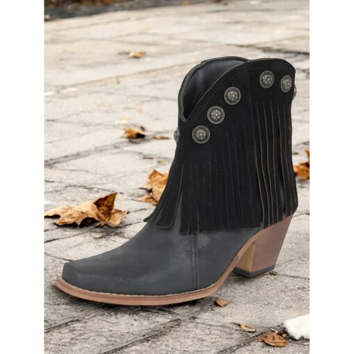 Women's Black Fringe Western Ankle Boots with Studded Accents – Vintage Style Cowgirl Booties for Casual and Festival Wear 2025