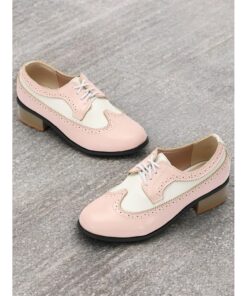 Women's Vintage Two-Tone Oxford Shoes - Pink and White Brogue Lace-Up Low Heel for Retro Style and Everyday Wear 2025