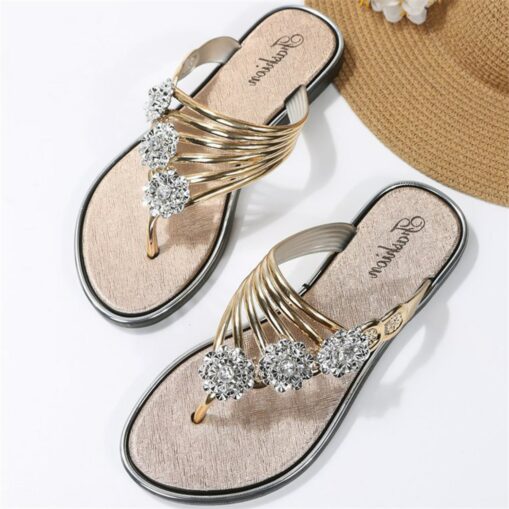 Women's Rhinestone Embellished Gold Slip-On Sandals, Stylish Flat Summer Shoes for Beach, Casual, and Vacation Wear 2025