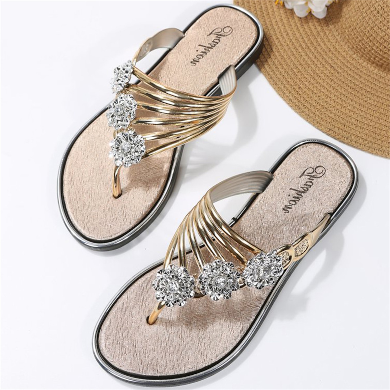 Women's Rhinestone Embellished Gold Slip-On Sandals, Stylish Flat Summer Shoes for Beach, Casual, and Vacation Wear 2025
