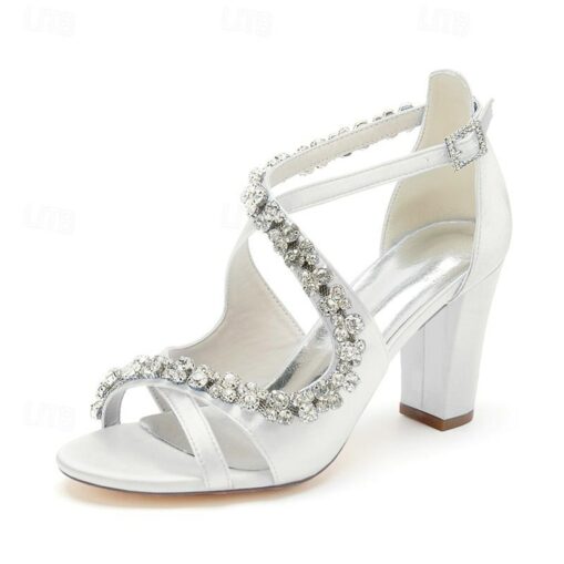 Women's Heels Wedding Shoes Dress Shoes Glitter Crystal Sequined Jeweled Wedding Party Rhinestone Cone Heel Round Toe Elegant Sexy Satin Buckle Ivory - Image 2