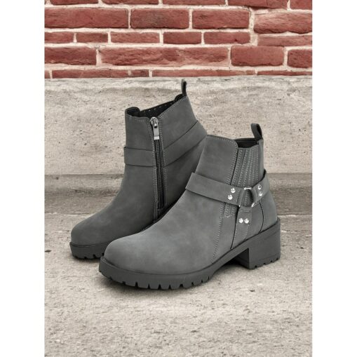 Women's Grey Ankle Boots – Stylish Block Heel with Strap Details, Side Zip, and Rugged Sole for Casual and Outdoor Wear 2025
