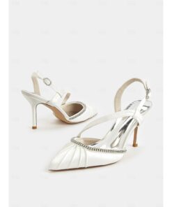 Women's Satin Slingback Pointed Toe Wedding Kitten Heel with Rhinestone Embellishments – Elegant Bridal 2025