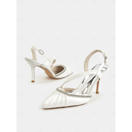 Women's Satin Slingback Pointed Toe Wedding Kitten Heel with Rhinestone Embellishments – Elegant Bridal 2025