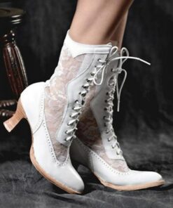 Women's Victorian-Style White Lace-Up Boots with Lace Panels - Elegant Vintage Footwear for Weddings and Special Occasions 2025