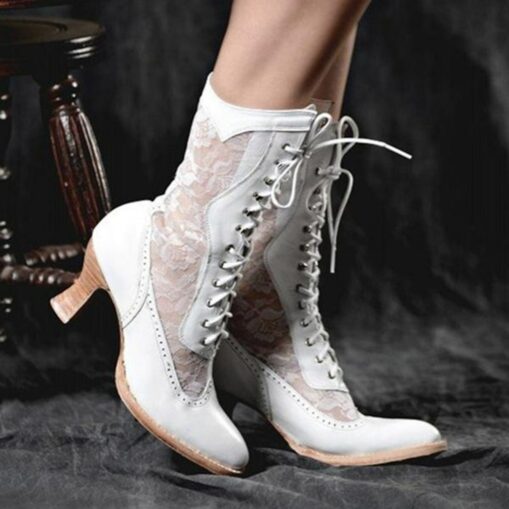 Women's Victorian-Style White Lace-Up Boots with Lace Panels - Elegant Vintage Footwear for Weddings and Special Occasions 2025
