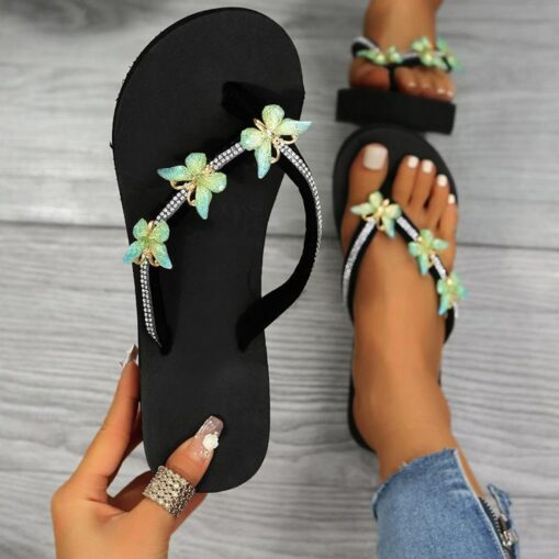 Women's Flip Flops Ladies Wedge Sandals Summer Comfortable Soft Slippers Platform Sandals Flat Slides Shoes Butterfly Rhinestone Thong Straps Clip Toe - Image 3