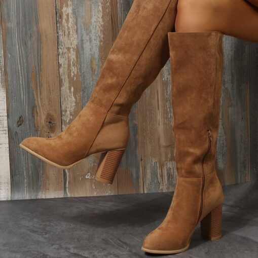 Women's Faux Suede Knee-High Boots - Stylish Block Heel Zip-Up Boots in Black and Brown for Fall and Winter 2025 - Image 3