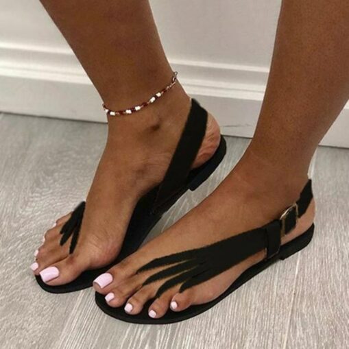 Women's Black Strappy Toe Ring Sandals with Adjustable Buckle - Comfortable Summer Flats for Casual Wear 2025