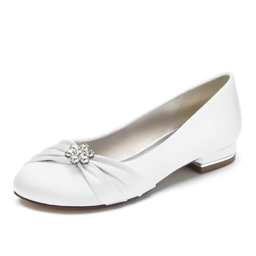 White Satin Wedding Flats for Women with Flower Embellishment and Low Heel, Comfortable Bridal Shoes 2025 - Image 3