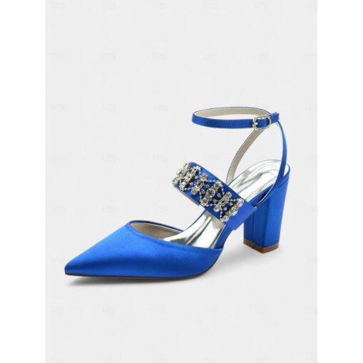 Women's Black Satin Pointed Toe Heels – Rhinestone Embellished Ankle Strap Chunky Heels for Evening Parties and Weddings 2025