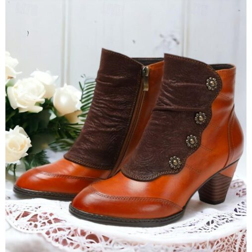 Women's Vintage Red Leather Ankle Boots – Premium Cowhide with Floral Button Accents and Chunky Heel for Retro Style and Everyday Wear 2025 - Image 2