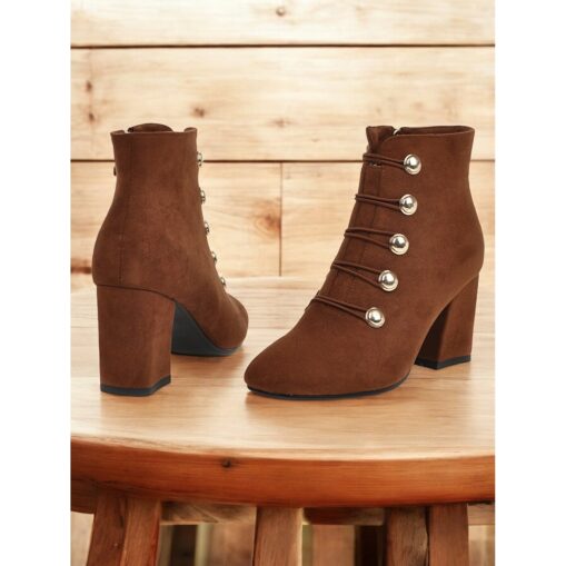 Women's Burgundy Ankle Boots – Suede Block Heel with Gold Button Embellishments, Lace-Up Design, Perfect for Autumn and Winter Outfits 2025 - Image 4