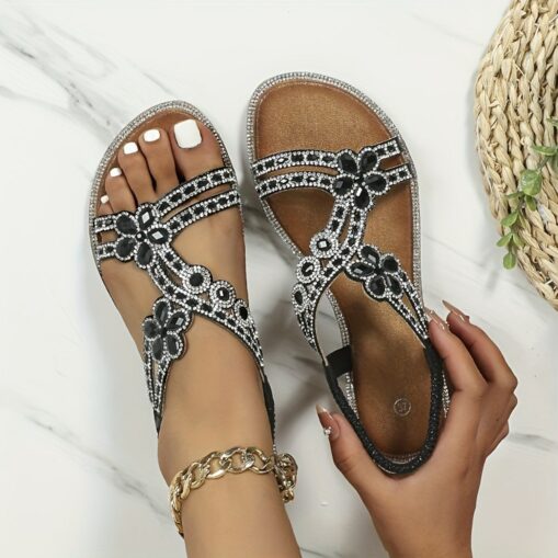 Women's Sandals Boho Bohemia Beach Flat Sandals Plus Size Outdoor Beach Summer Rhinestone Flat Heel Elegant Casual Silver Gold Black Sandals 2025