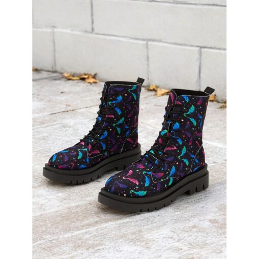 Women's Colorful Patterned Lace-Up Combat Boots , Chunky Sole Ankle Boots, Stylish and Comfortable, Perfect for Autumn and Casual Streetwear 2025