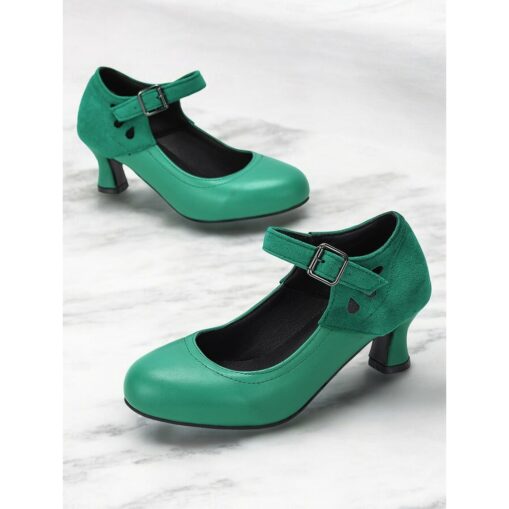 Women's Vintage Mary Jane Heels – Faux Leather & Suede Mid Heel Pumps with Buckle Strap for Retro Formal & Dance Wear 2025 - Image 2